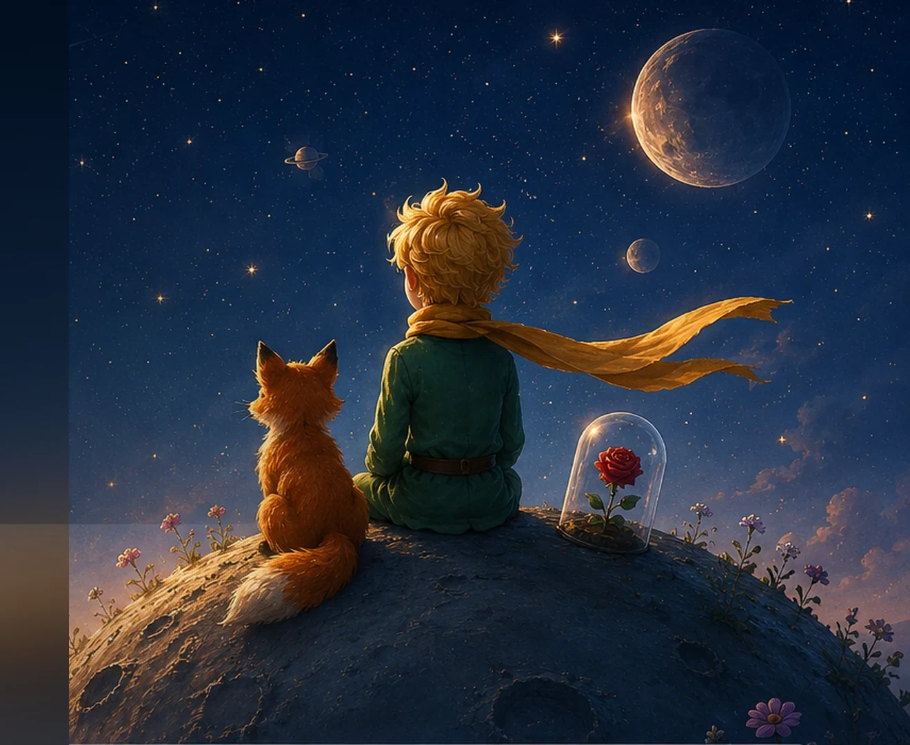 Ilustración original de RDuende con un pequeño explorador y un zorro bajo un cielo estrellado